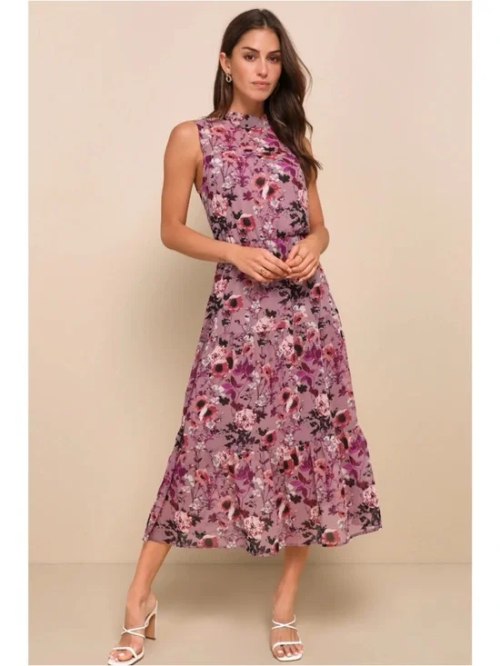 New Lulus Sleeveless Mauve Floral Midi Dress Sz 1X - Picture 7 of 7